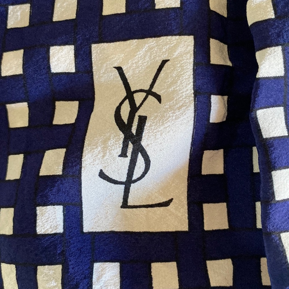 Yves Saint Laurent, 100 % Silk  Scarf in White and Blue
